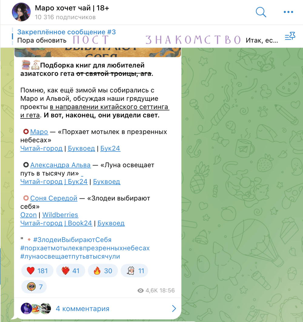 Пример подборки с книгами в телеграмм канале и ссылками на интернет-магазины, где можно купить книги