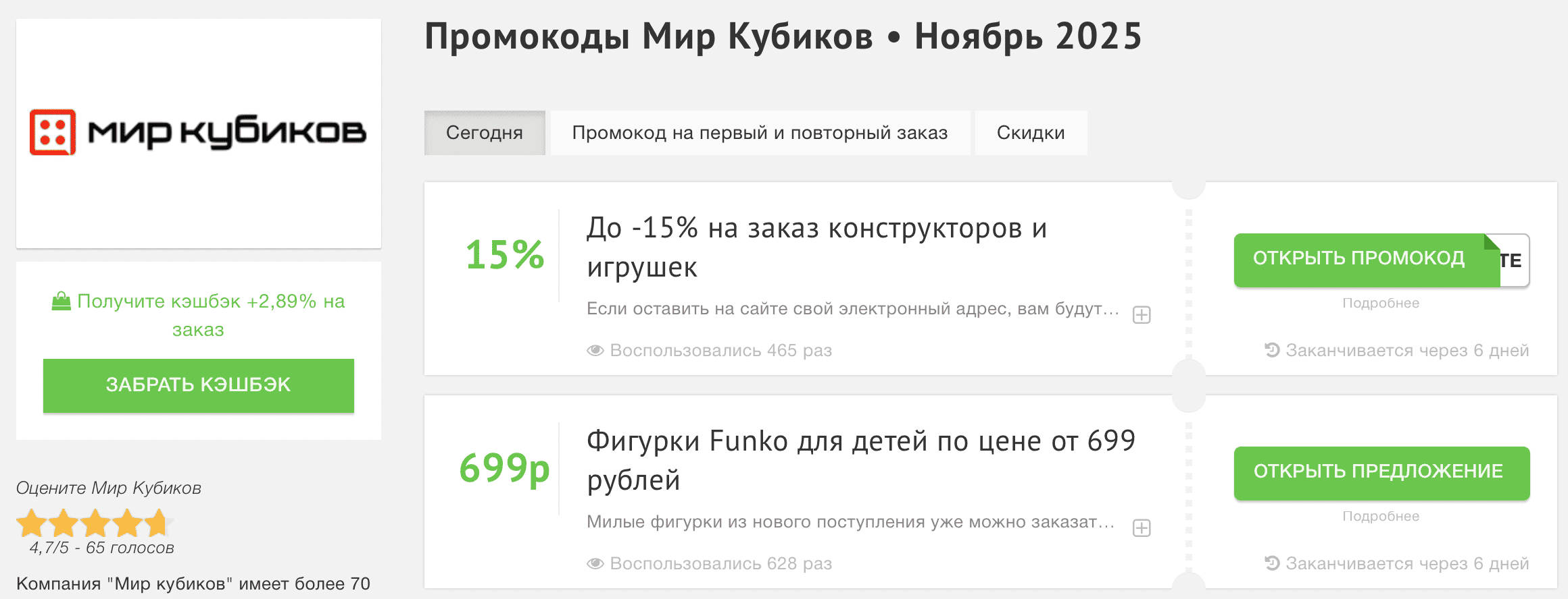 Классический промокодный сайт, где люди могут найти скидочные карты и промокоды в магазин